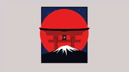 Artistic HD desktop wallpaper featuring a stylized Mount Fuji under a torii gate in Japan, set against a vibrant red and blue background.