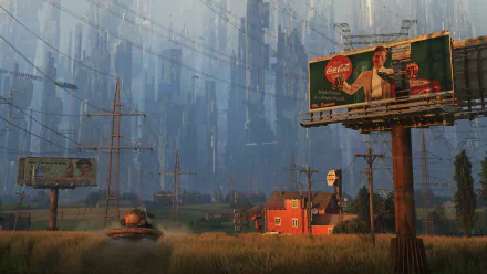 Futuristic sci-fi cityscape with towering skyscrapers, flying vehicles, and rustic billboards, captured in a detailed HD PC desktop wallpaper background.