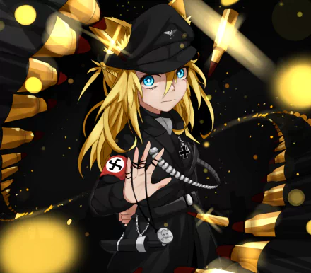 Anime-style HD desktop wallpaper featuring a blonde soldier with striking blue eyes in a black uniform, set against a dynamic, glowing background.