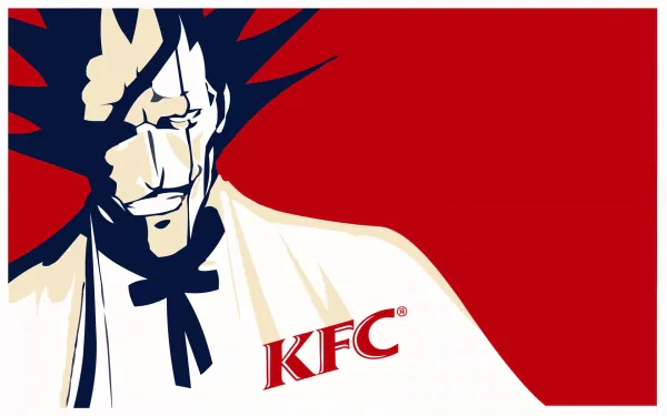 An HD desktop wallpaper featuring Kenpachi Zaraki from the anime Bleach, styled to resemble the KFC logo, with a red background and the KFC logo prominently displayed.