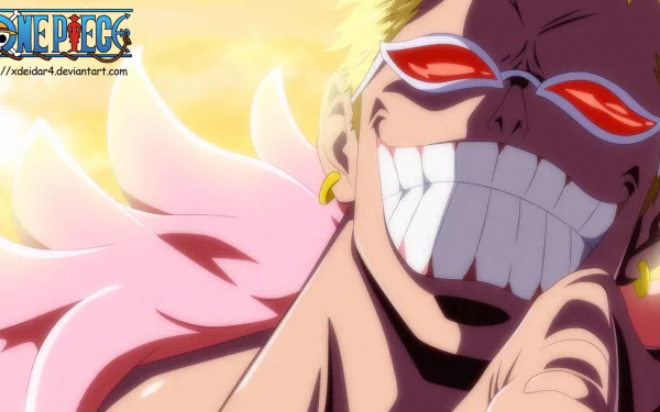 HD PC desktop wallpaper featuring Donquixote Doflamingo from the anime One Piece, showcasing his confident grin and signature pink feathered coat.