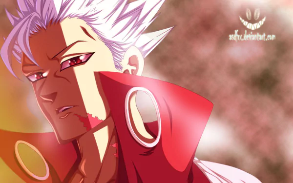 HD PC desktop wallpaper featuring Ban from the anime The Seven Deadly Sins, showcasing his distinctive white hair and intense gaze against a fiery background.