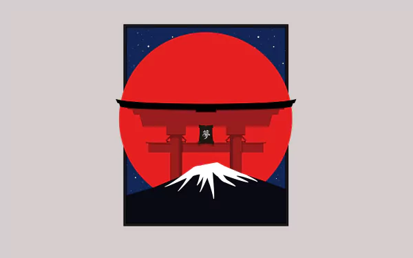 Artistic HD desktop wallpaper featuring a stylized Mount Fuji under a torii gate in Japan, set against a vibrant red and blue background.
