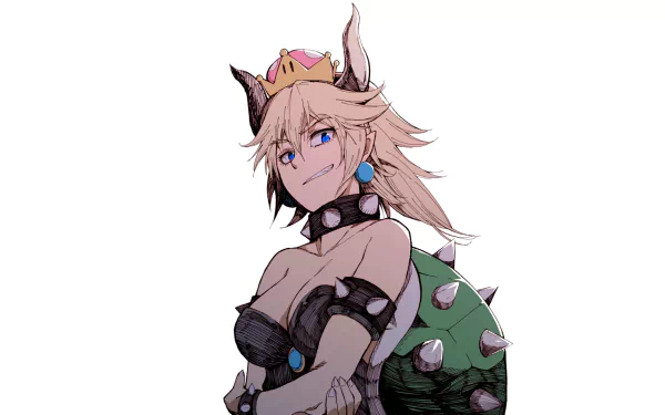 HD PC desktop wallpaper featuring Bowsette from Super Mario, showcasing her signature horns, crown, and spiked turtle shell in a confident pose.