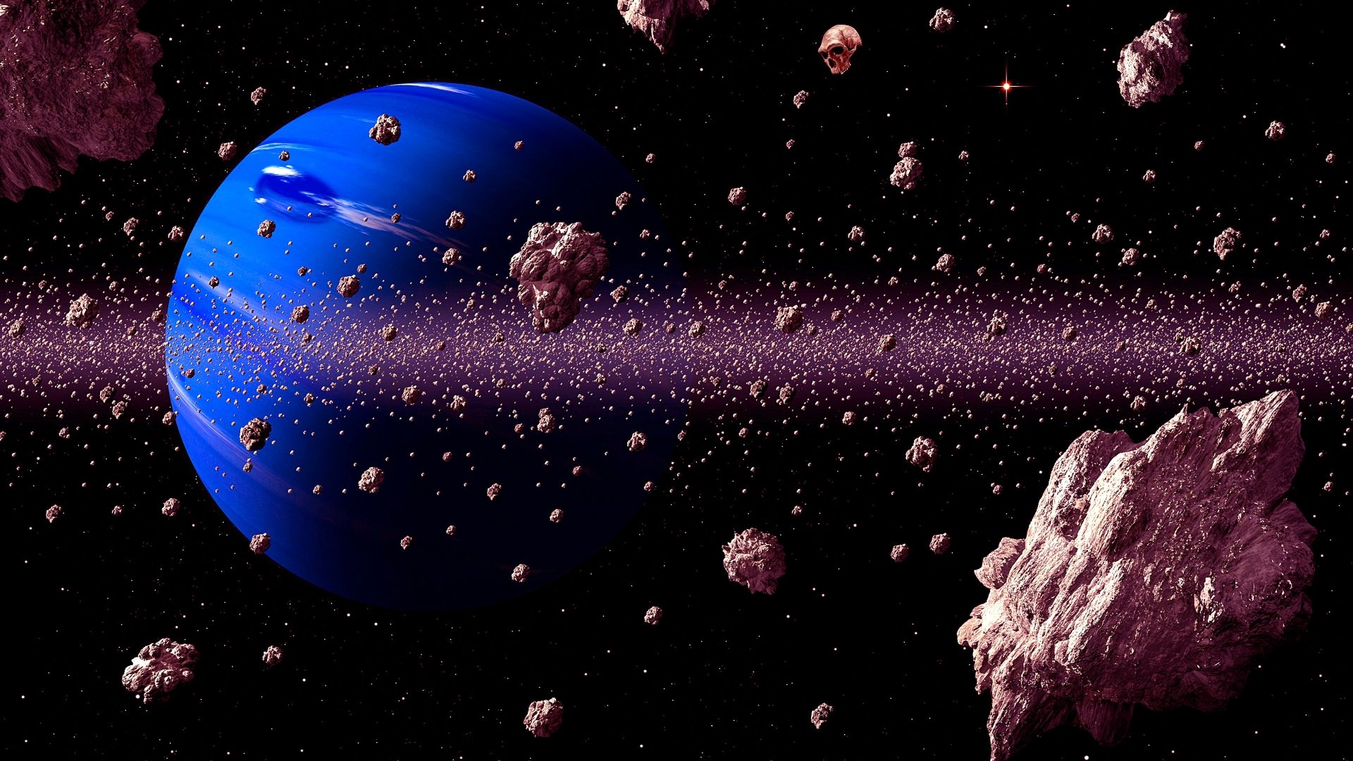 4K Ultra HD sci-fi wallpaper depicting a vibrant blue planet surrounded by a dense asteroid belt floating in deep space.