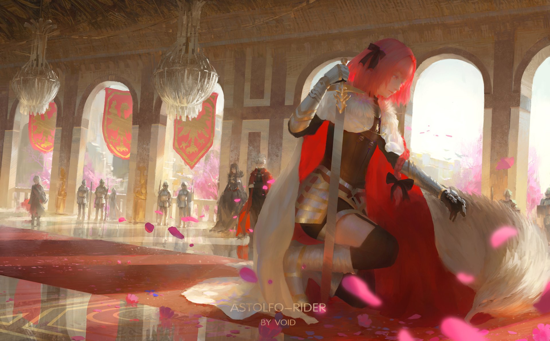 Anime-style 4K wallpaper featuring a pink-haired character in thigh highs and armor with a cape and sword, inspired by Fate/Apocrypha and Fate/Grand Order series.