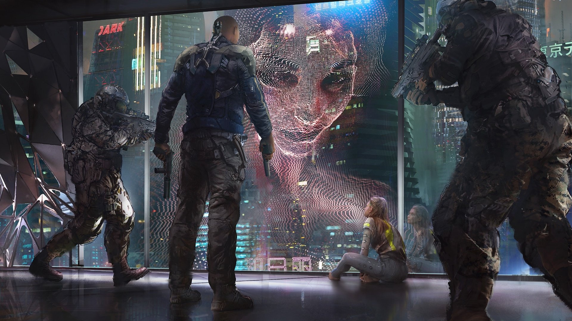 HD desktop wallpaper featuring a cyberpunk scene with warriors and a giant holographic face in a futuristic city setting.