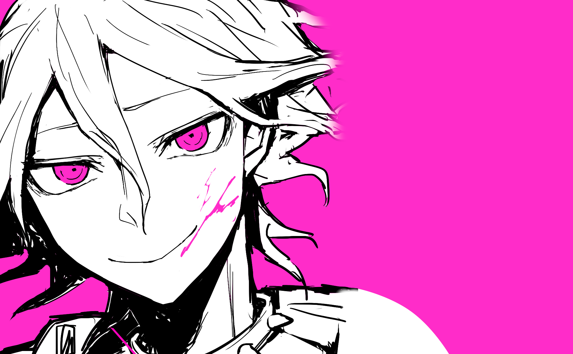 HD PC desktop wallpaper featuring Nagito Komaeda from the video game Danganronpa 2: Goodbye Despair with striking pink eyes and a vivid pink background.