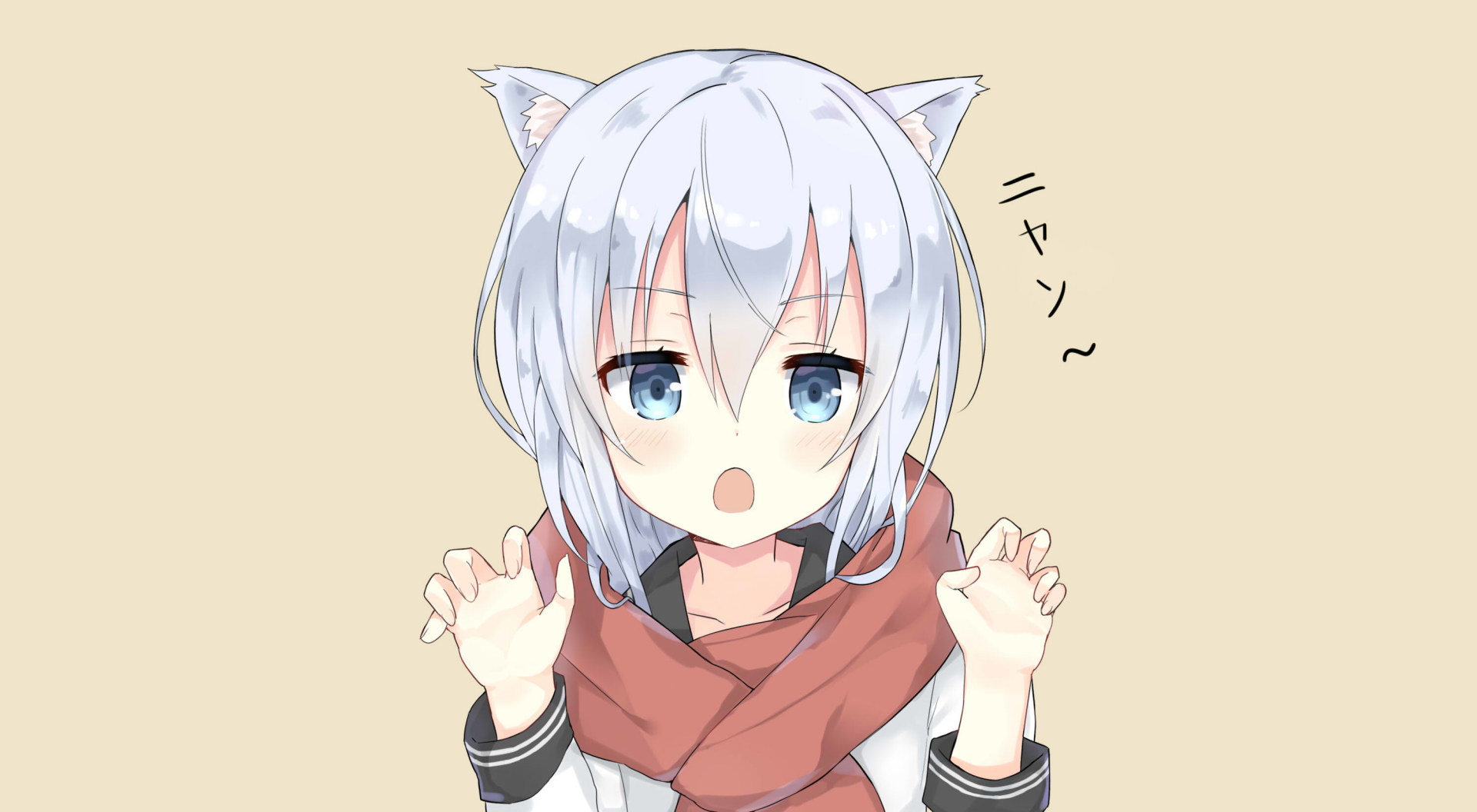 Anime-style HD desktop wallpaper featuring Hibiki from Kantai Collection with short white hair, blue eyes, and cat ears, making a playful pose.