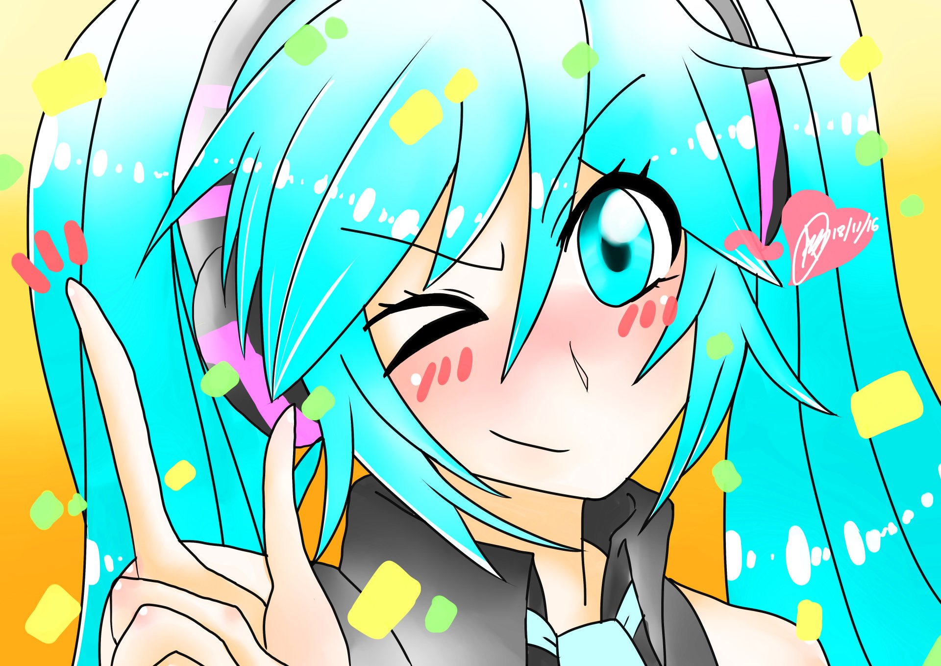 Hatsune Miku (Anime, Vocaloid) — 4K Ultra HD PC desktop wallpaper: winking Miku with turquoise twin-tails and headphones, flashing a peace sign amid confetti on a bright yellow background.