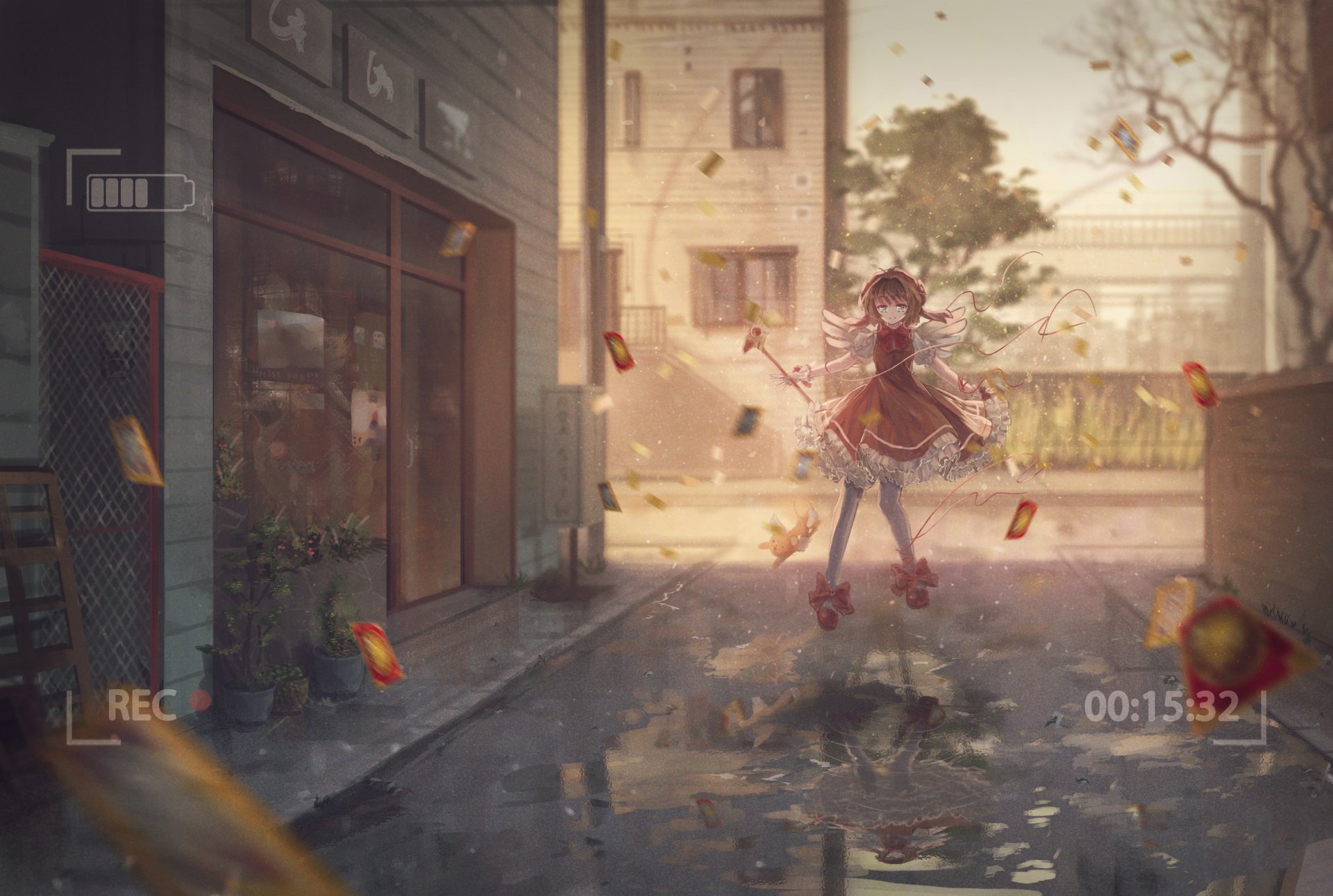 Anime 2K Quad HD PC wallpaper of Cardcaptor Sakura: Sakura Kinomoto with staff and Keroberos as Clow Cards float through a rain‑slick urban street bathed in warm late‑afternoon light.