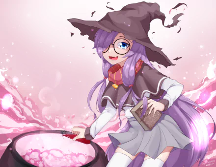 Anime-style witch with long purple hair, blue eyes, and glasses casts magic, holding a book against a soft pink background in this HD PC desktop wallpaper.