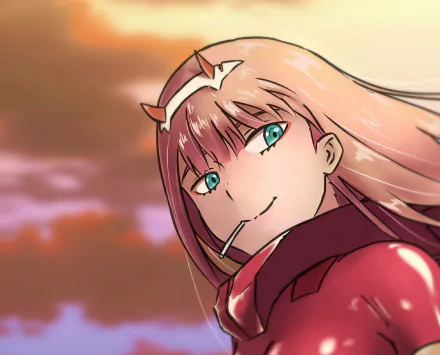 Close-up of Zero Two from Darling in the FranXX, smirking with a candy stick in her mouth against a warm sunset — anime HD desktop wallpaper/background.