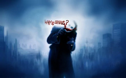 HD wallpaper featuring Heath Ledger as the Joker from the movie The Dark Knight, with a blurred cityscape background and the text Why so serious? written in red.