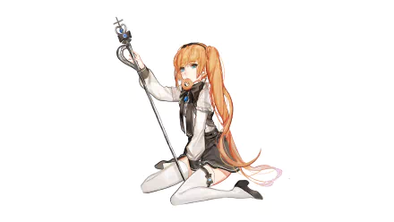 Anime original HD PC desktop wallpaper of an orange-haired girl with long twintails and blue eyes kneeling in a skirt, holding a staff and eating a doughnut.