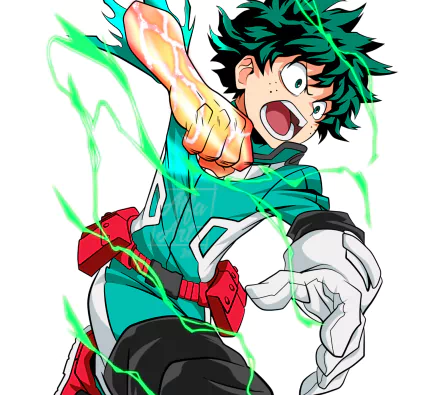 HD PC desktop wallpaper of Izuku Midoriya from the anime My Hero Academia, depicted in dynamic action with green energy effects surrounding him.