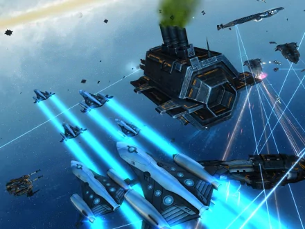 HD PC desktop wallpaper of a space battle from the video game Sins Of A Solar Empire: capital ships and fighters firing blue engine trails and laser beams across a starfield.