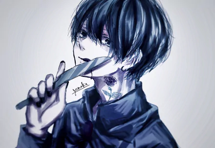 Anime original of a short black-haired character with blue eyes and a neck tattoo holding a knife to their lips; 2K Quad HD PC desktop wallpaper background.