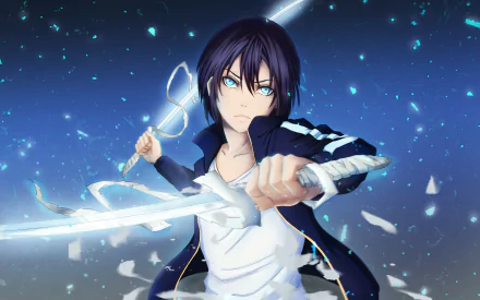 Yato from Noragami anime wielding a glowing sword in a dynamic pose, featured in a 4K Ultra HD PC desktop wallpaper and background.