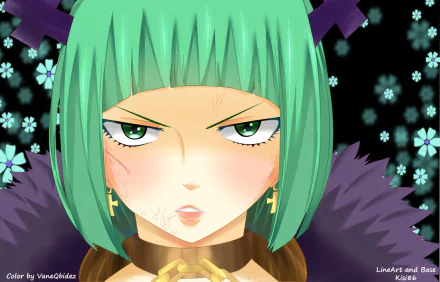 Brandish μ from Fairy Tail — close-up of green-haired anime woman with piercing eyes, purple fur collar and gold earrings against floral bokeh. HD PC desktop wallpaper/background.