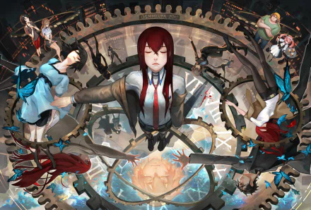 HD desktop wallpaper of Steins;Gate featuring Luka Urushibara, Yuugo Tennouji, Faris Nyannyan, Itaru Hashida, Suzuha Amane, Mayuri Shiina, Rintaro Okabe, and Kurisu Makise in an intricate gear-themed design.