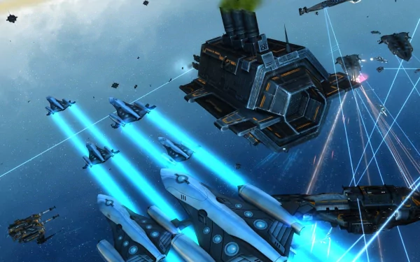 HD PC desktop wallpaper of a space battle from the video game Sins Of A Solar Empire: capital ships and fighters firing blue engine trails and laser beams across a starfield.