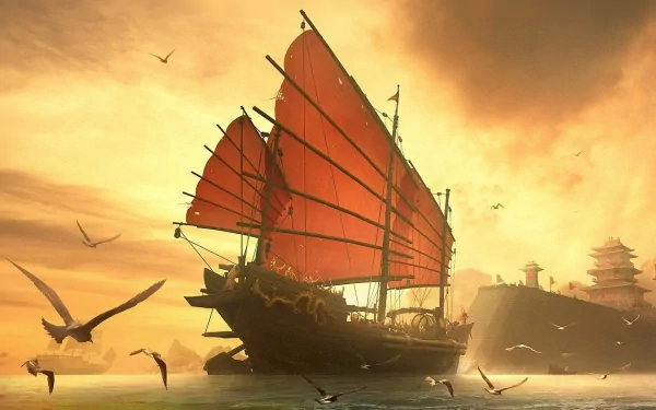 A stunning fantasy ship with vibrant red sails glides through shimmering waters, set against a warm, golden sunset, bringing an epic feel to any HD desktop wallpaper.