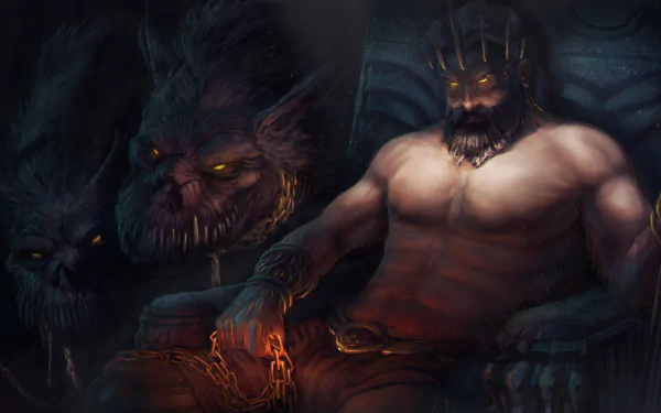 A 4K Ultra HD fantasy wallpaper depicting Hades with yellow glowing eyes, wearing a crown, seated in darkness beside fierce mythological beasts.