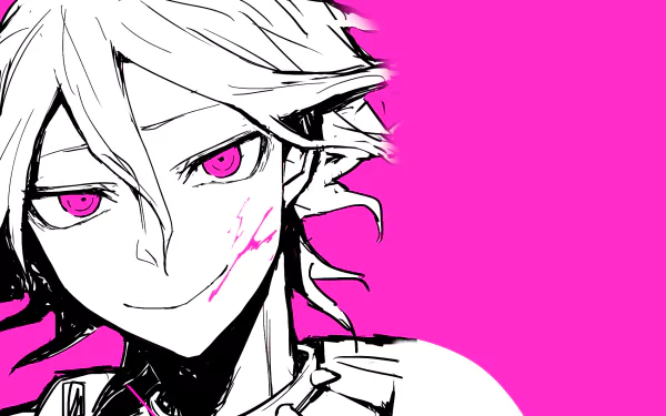 HD PC desktop wallpaper featuring Nagito Komaeda from the video game Danganronpa 2: Goodbye Despair with striking pink eyes and a vivid pink background.