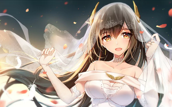 Anime-style Hermes from Warship Girls with long hair and glowing orange eyes, smiling in an elegant wedding dress and veil, set against a dynamic HD desktop wallpaper background.