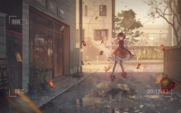 Anime 2K Quad HD PC wallpaper of Cardcaptor Sakura: Sakura Kinomoto with staff and Keroberos as Clow Cards float through a rain‑slick urban street bathed in warm late‑afternoon light.