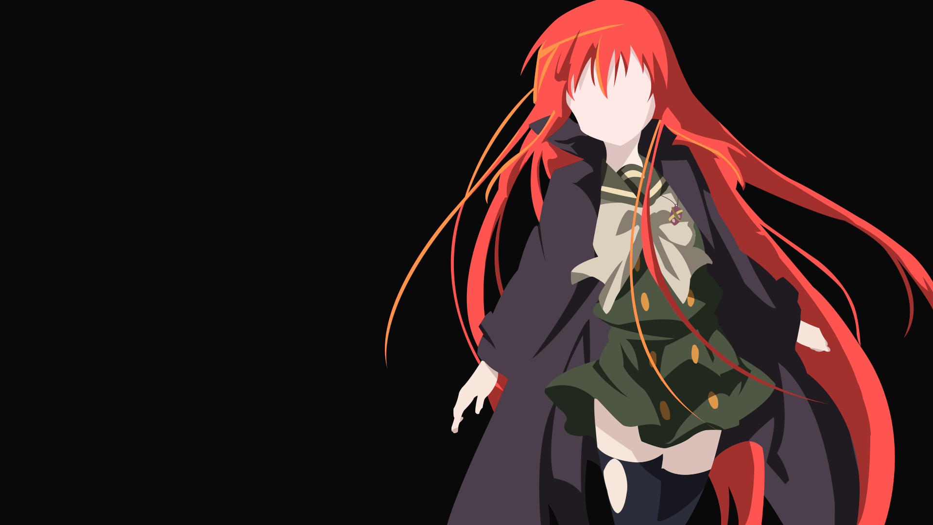 HD PC desktop wallpaper of Shana (Shakugan No Shana): faceless anime girl with flowing red hair, dark cloak and school uniform set against a stark black background.