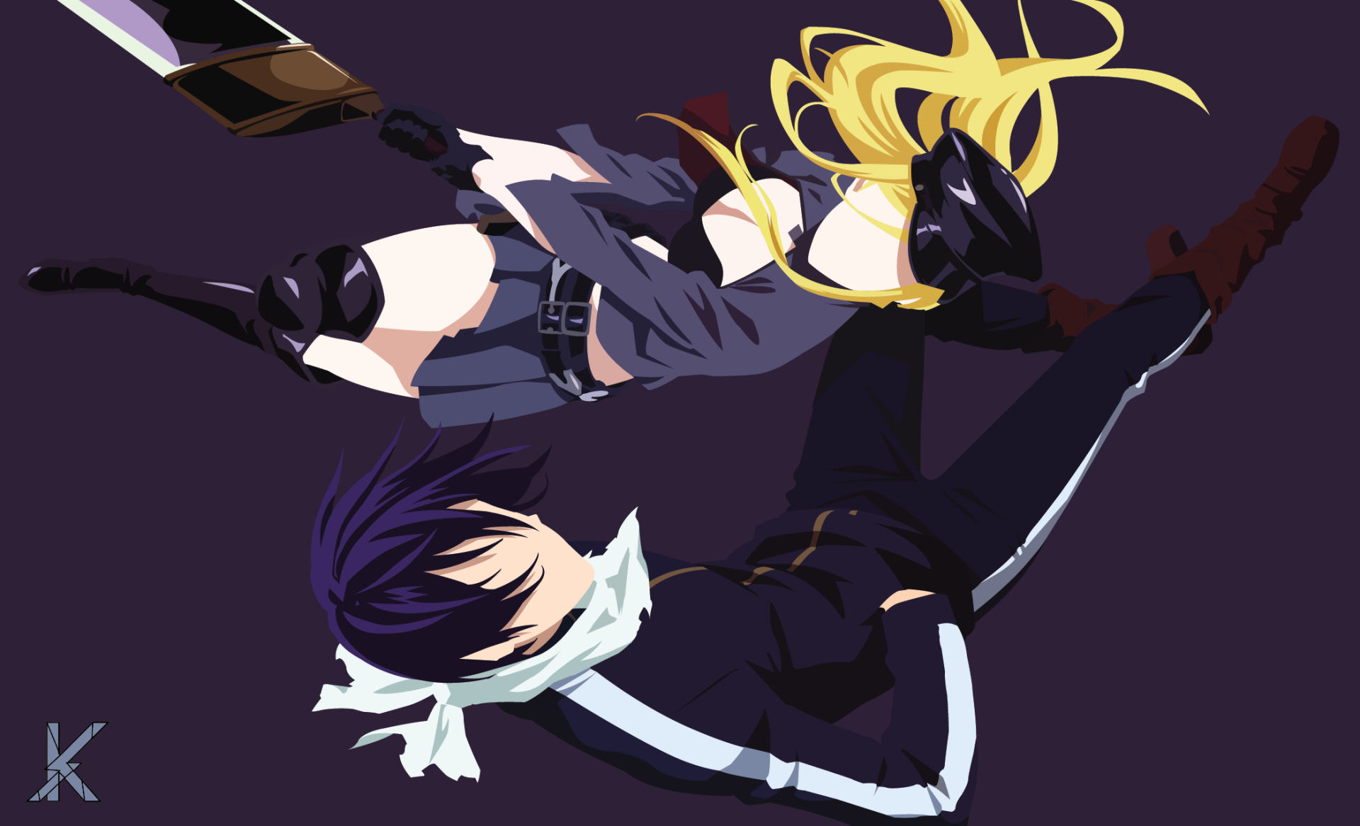 HD PC desktop wallpaper from Noragami anime showing Bishamonten (blonde) and Yato (dark-haired) floating back-to-back on a deep purple background.