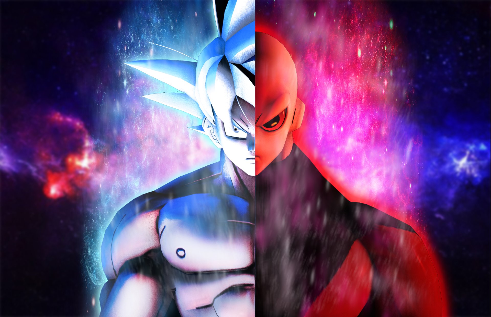 4K Ultra HD PC wallpaper: split-screen Dragon Ball Super anime showdown, Ultra Instinct Goku (left) in blue aura and Jiren (right) in red aura against a cosmic backdrop.
