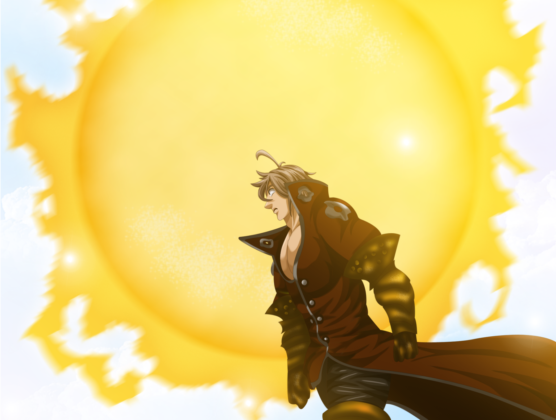 HD anime wallpaper featuring Escanor and Estarossa from The Seven Deadly Sins, with Escanor standing boldly against a radiant, fiery sun background.
