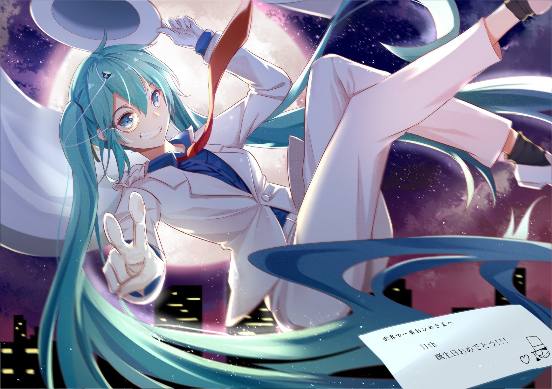 HD anime wallpaper featuring Hatsune Miku from Vocaloid in a white suit, floating against a vibrant night sky with city lights below.