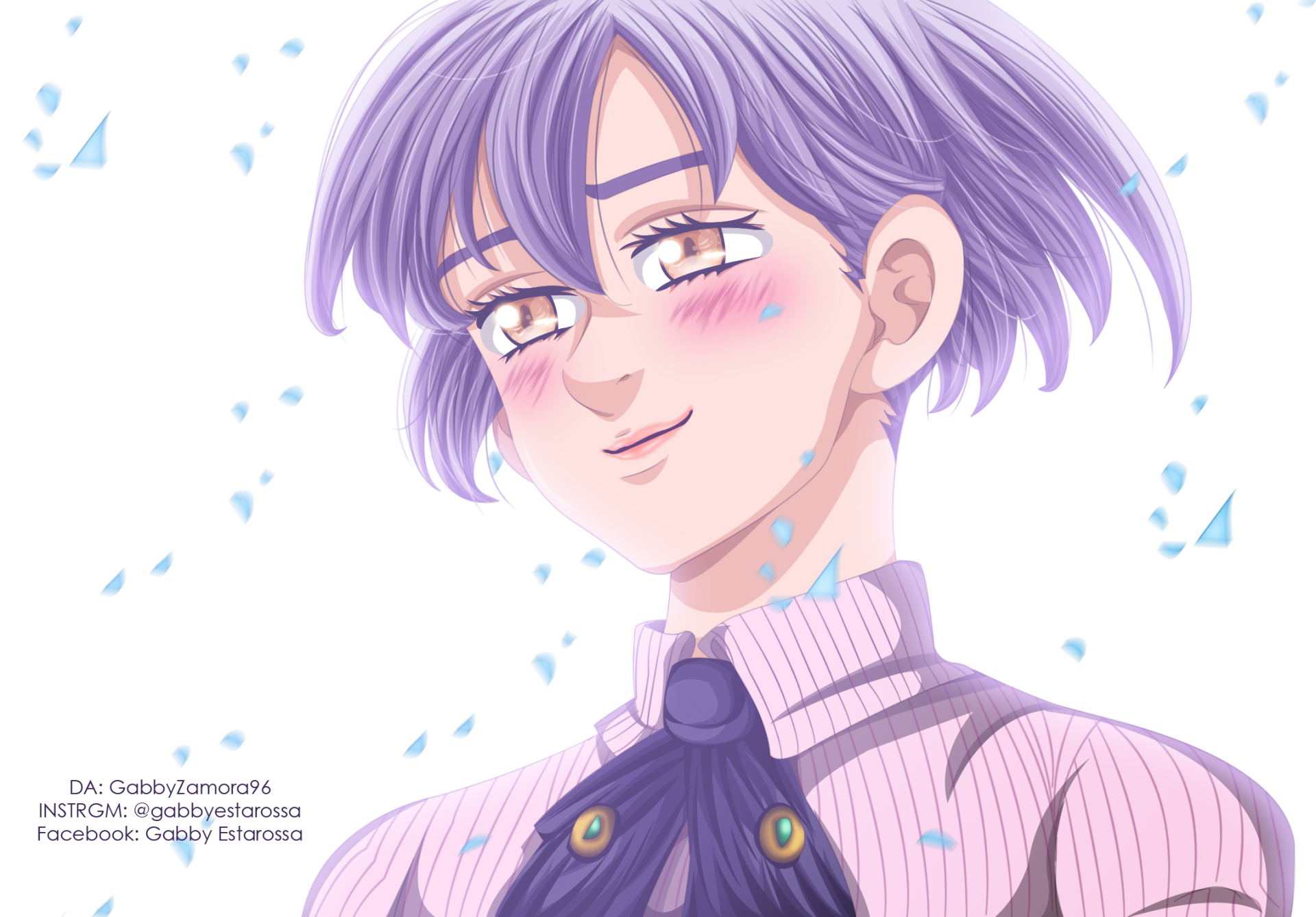 HD PC desktop wallpaper featuring Jericho from The Seven Deadly Sins anime, showcasing her with purple hair and a soft smile against a light background with falling petals.