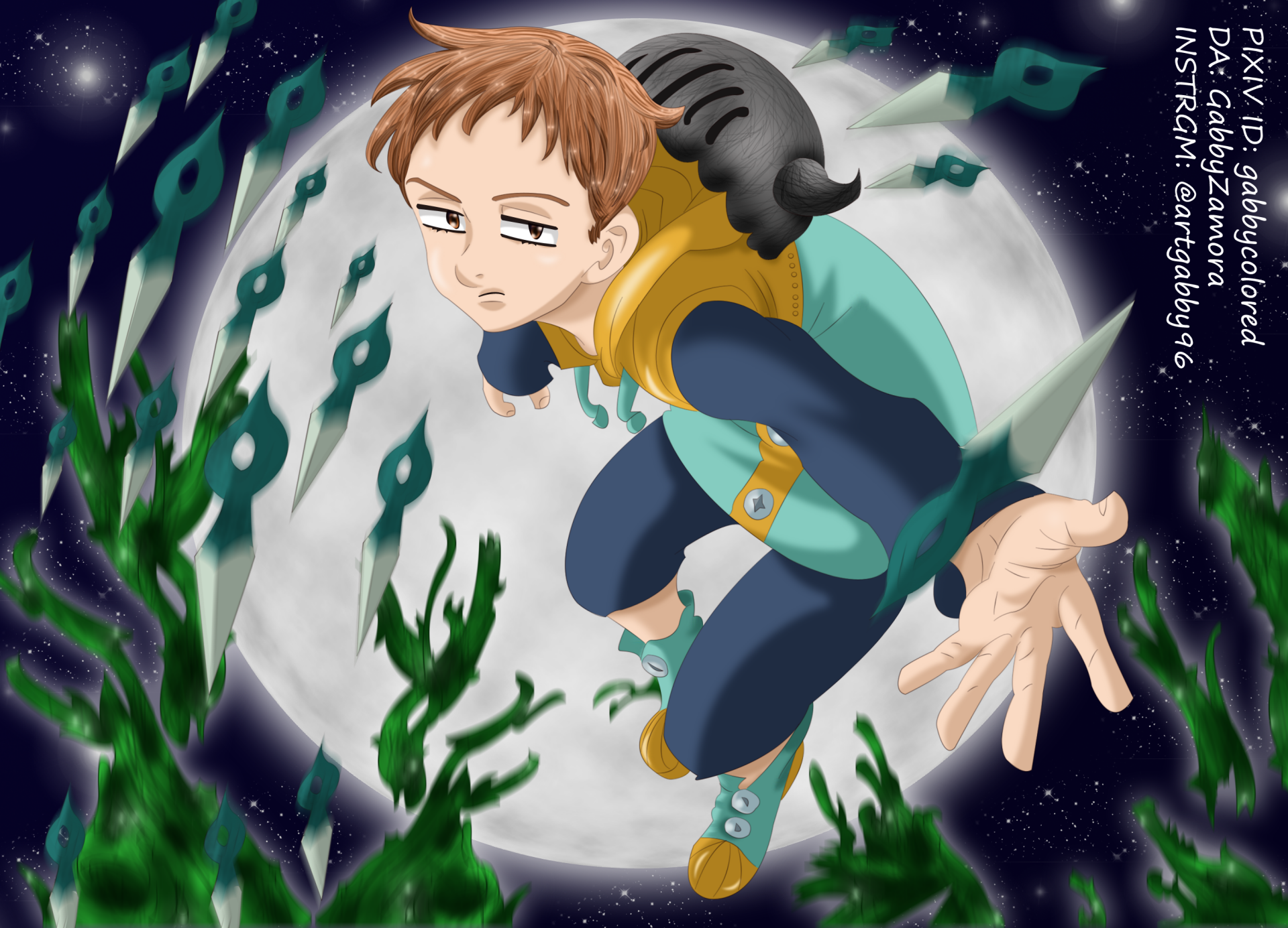 King (The Seven Deadly Sins) anime, hovering before a full moon with green spirit-spear effects — 2K Quad HD PC desktop wallpaper/background