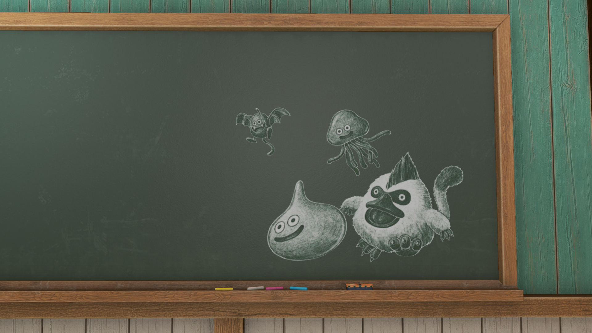 HD PC desktop wallpaper and background showing Dragon Quest XI video game chalkboard art: a smiling Slime, a floating bat-like creature and a jellyfish/cat-like monster sketched on a green classroom chalkboard.