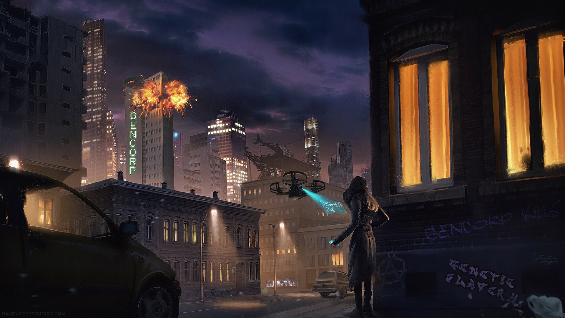 Sci-fi city nightscape with neon skyline, hovering vehicle and lone figure on a rain-slick street — HD PC desktop wallpaper/background.