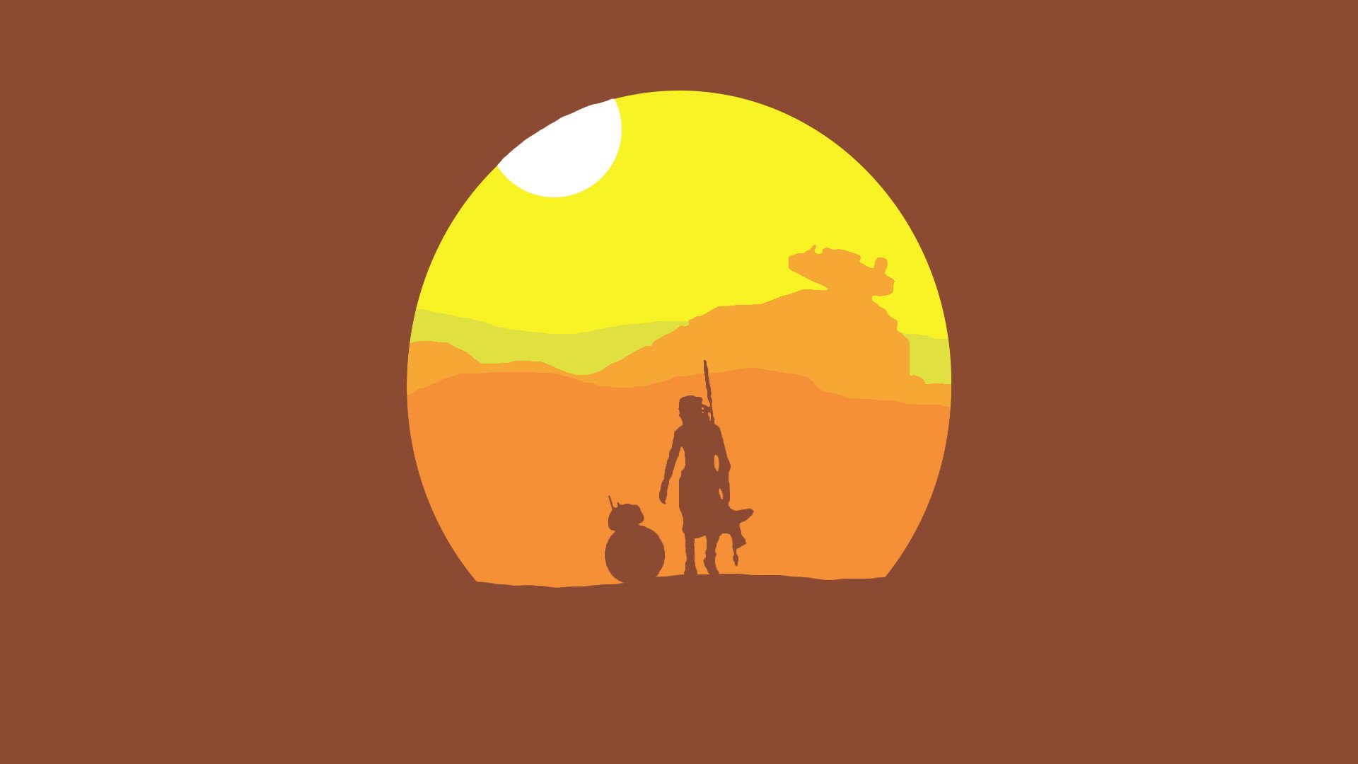 Silhouette of Rey and BB-8 against a yellow-orange sunset over desert dunes, stylized HD PC desktop wallpaper from the movie Star Wars Episode VII: The Force Awakens.