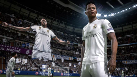 HD desktop wallpaper featuring a scene from FIFA 19 with realistic football players in a stadium, wearing Real Madrid kits.