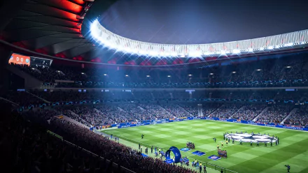 HD desktop wallpaper of a FIFA 19 in-game football stadium packed with fans during an evening match.