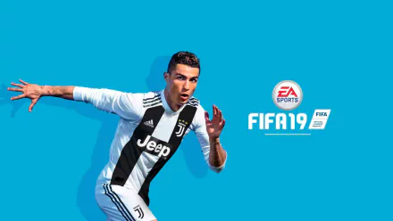 HD desktop wallpaper featuring Cristiano Ronaldo in Juventus kit for FIFA 19 game, with a vibrant blue background.