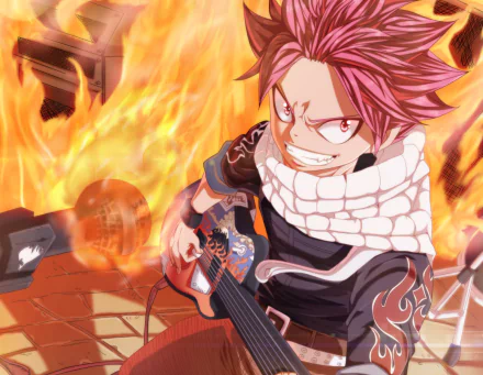 HD PC desktop wallpaper of Natsu Dragneel from Fairy Tail, depicted with fiery flames and playing a guitar, showcasing vibrant anime artwork.