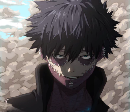HD anime wallpaper featuring Dabi from My Hero Academia with dark, spiky hair, stitched scars, and a smoky background for PC desktop.