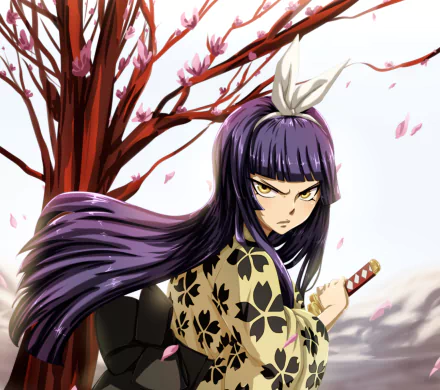 HD anime desktop wallpaper featuring Kagura Mikazuchi from Fairy Tail, with flowing purple hair and a determined look, set against a backdrop of cherry blossoms.