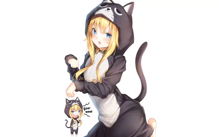Anime HD desktop wallpaper of Gabriel Tenma White (Gabriel DropOut) in a black cat onesie, blue-eyed and playful, holding a tiny chibi doll against a white background.