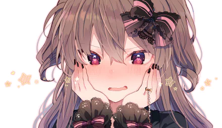 HD wallpaper featuring an original anime character with brown hair, pink eyes, and black lace accessories, against a white background adorned with small stars.