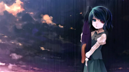 Kogasa Tatara with heterochromia stands in rain under a dark cloudy sky, holding an umbrella, depicted in a sad anime style from Touhou as an HD PC wallpaper background.